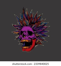 Abstrakte Vektorgrafik. Ein verrückter Schädel mit einer verrückten Frisur mit Funken aus den Augen. T-Shirt-Design, Aufkleber, Druck.