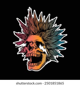 Abstract vector illustration. A crazy skull with a crazy hairstyle with sparks from the eyes. T-shirt design, stickers, print. Hand drawn, not AI