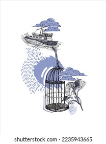 Abstract vector illustration. Creative print for clothes, template for posters, textiles and more. Collage ship, clouds, cage, bird.
