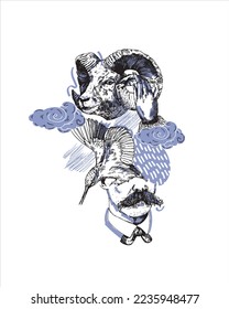 Abstract vector illustration. Creative print for clothes, template for posters, textiles and more. Face, man, mustache, bird, ram, clouds. Thoughts, dreams.