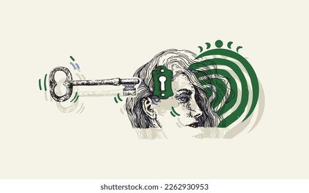 Abstract vector illustration. Creative print for advertising, poster templates and more. Face, girl, key, astrology.