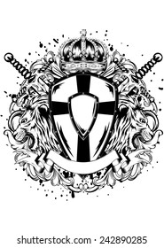 Abstract vector illustration crossed swords, crown, board and lions