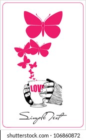 Abstract vector illustration of cup in hands with butterflies. Place for your text.