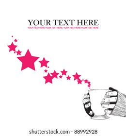 Abstract vector illustration of cup in hands with stars. Place for your text.
