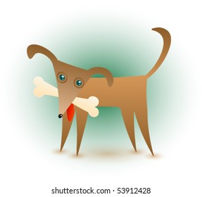 An abstract vector illustration of a cute brown dog with a bone in his mouth.