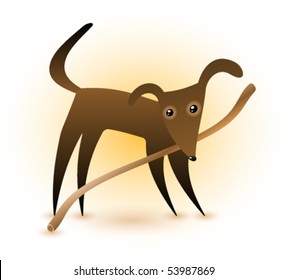 An abstract vector illustration of a cute dark brown dog with a stick in his mouth.