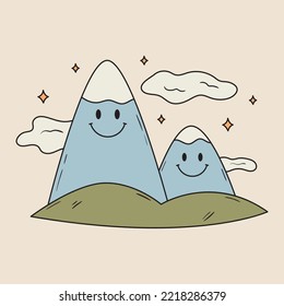 Abstract vector illustration of cute mountains with smiling faces. Psychedelic nature scenery in vintage groovy style. Cartoon funny character. Hand drawn symbol of tourism and adventure 