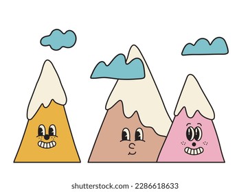 Resumen de ilustración vectorial de montañas lindas con caras sonrientes. Paisaje natural psicodélico en un estilo de vegetación vintage.