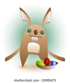 An abstract vector illustration of a cute smiling easter bunny that is presenting his three eggs in a bowl.
