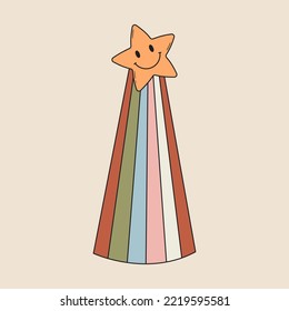 Resumen de la ilustración vectorial de una estrella linda con cara sonriente y vigas arco iris. Emoji de doodle de color vintage. Caricatura divertida. Dibujo retro dibujado a mano