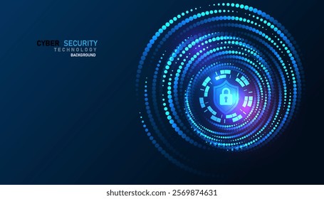 Abstract vector illustration of a cyber security concept. Featuring a glowing shield icon surrounded by concentric circles of data points on a dark blue background.