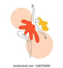 Abstract vector illustration with dancing woman silhouette. Geometric forms, colored spots elements. Female print design with ballerina