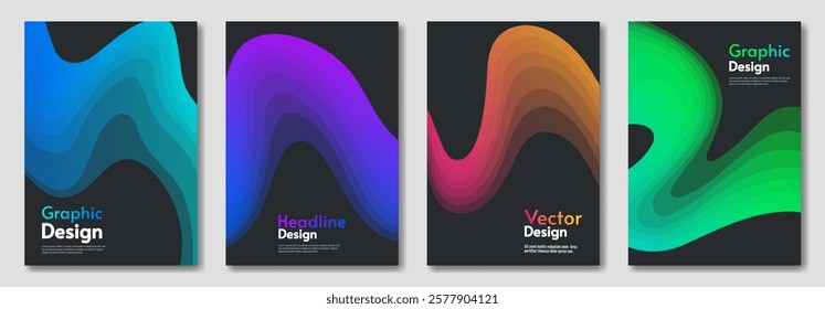 Abstract vector illustration. Dark background. Wave gradient color elements. Design for poster, banner, template. 