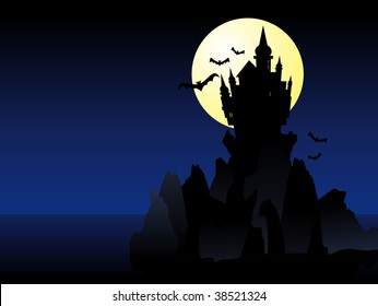 Abstract vector illustration of a dark spooky castle over some cliffs