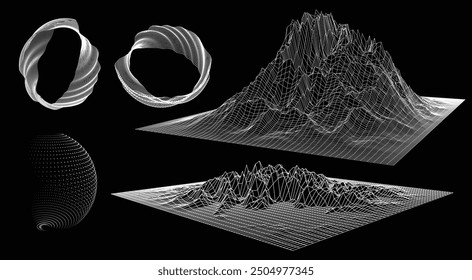 Abstract vector illustration of data and computer sience, AI linear design futuristic geometry, sound waves and mountains