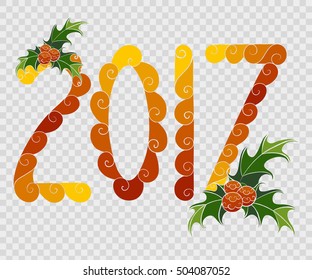 Abstract vector illustration of decorative Merry Christmas floral hand-drawn 2017 numbers with mistletoe without contour. Isolated on a transparent background. Eps 8.