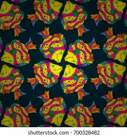 Abstract Vector illustration. Decorative ornament. Color image of repeating and alternating constituent elements. Seamless pattern with fish.