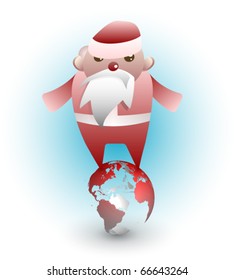 An abstract vector illustration, depicting a busy, stressed Santa Claus, who connects people around the world.