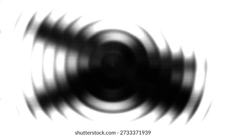 Abstract vector illustration depicting a close-up of an eye rendered in halftone dots. The eye has swirling radial patterns creating a sense of motion. Suitable for graphic design, technology, and abstract art concepts.