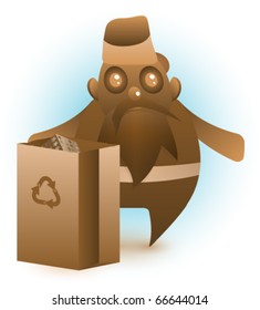 An abstract vector illustration, depicting a Santa Claus made of chocolate, who stands behind a recyclable paper bag that contains some presents.