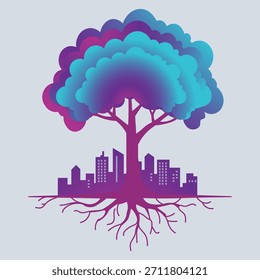 Ilustração vetorial abstrata retratando uma árvore com um dossel vibrante e em camadas, um horizonte da cidade como sua base, e raízes intrincadas espalhando-se abaixo, simbolizando a natureza urbana e a sustentabilidade.