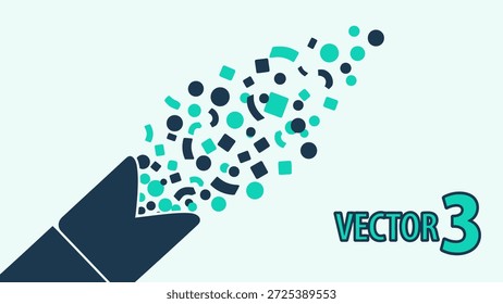 Uma ilustração vetorial abstrata representa uma seta emitindo várias formas geométricas. A composição apresenta um design limpo e minimalista com uma paleta de cores limitada de azul, azul escuro e branco. Esta imagem pode ser usada para vários projetos de design, incluindo apresentações, sites ou campanhas publicitárias. É adequado para aplicações comerciais e editoriais.