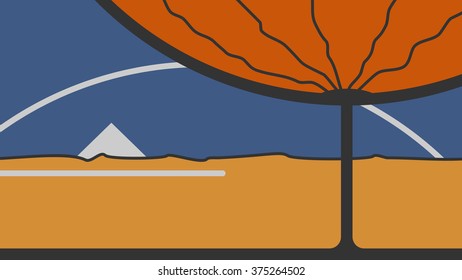 Abstract vector illustration of desert landscape with tree and pyramid. 16:9 wallpaper. Yellow, orange, deep blue plain colors. Light and dark grey stroke.