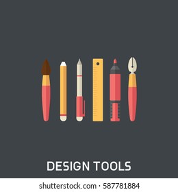 Abstract Vector Illustration Of Design Tools Flat Concept. Brush, Pen, Pencil Ruler