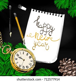 Abstract vector illustration of a desktop.  Merry Christmas and Happy New Year. Celebration. Winter background with fir branches, cones, notebook, pencil, eraser and round pocket watch. Office.