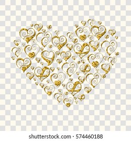 Abstract vector illustration of different zen tangle elegant cute hearts in heart shape. Hand-drawn gold glitter objects isolated on transparent background. For wedding, valentine day design. Eps 8.