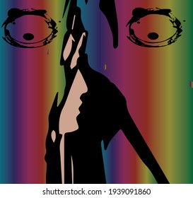 Abstract vector illustration, digitally created, with face silhouette and different shapes in black on a multicolored background.
