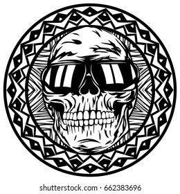 Abstract vector illustration disc jockey skull in sunglasses on round ornament. Design for tattoo or print t shirt.