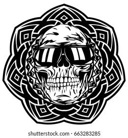 Abstract vector illustration disc jockey skull in sunglasses on round ornament. Design for tattoo or print t shirt.