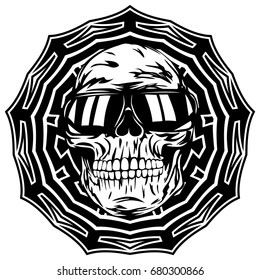 Abstract vector illustration disc jockey skull in sunglasses on round ornament. Design for tattoo or print t shirt.
