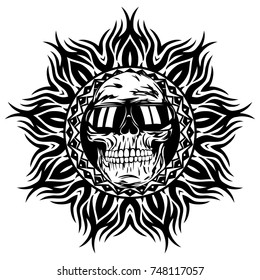 Abstract vector illustration disc jockey skull in sunglasses on round ornament. Design for tattoo or print t shirt.
