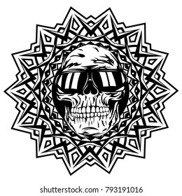 Abstract vector illustration disc jockey skull in sunglasses on round ornament. Design for tattoo or print t shirt.