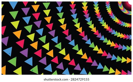 Abstract vector illustration displaying rhythmic rainbow colored triangles in spiral formation over dark backdrop ideal for creative digital graphic arts.