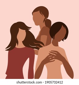 An abstract vector illustration of diverse women standing together in friendship with solidarity and sisterhood