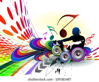 Abstract vector illustration of an dj man playing tunes with music note background.