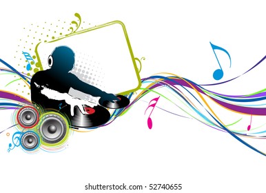 Abstract vector illustration of an dj man playing tunes with music note background.