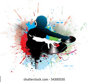 Abstract vector illustration of an dj man playing tunes with music note background.