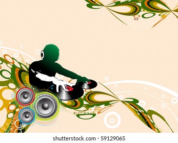 Abstract vector illustration of an dj man playing tunes with music note background.