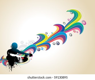 Abstract vector illustration of an dj man playing tunes with music note background.