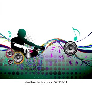 Abstract vector illustration of an dj man playing tunes with music note background.