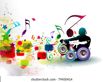 Abstract vector illustration of an dj man playing tunes with musics note background.