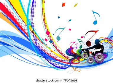 Abstract vector illustration of an dj man playing tunes with musics note background.