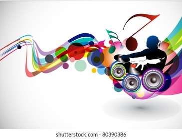 Abstract vector illustration of an dj man playing tunes with music note background.