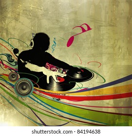 Abstract vector illustration of an dj man playing tunes with texture  background.