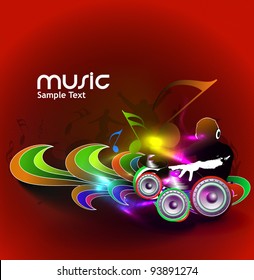 abstract vector illustration of an dj man playing tunes with music note background.