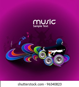 Abstract vector illustration of an dj man playing tunes with music note background.
